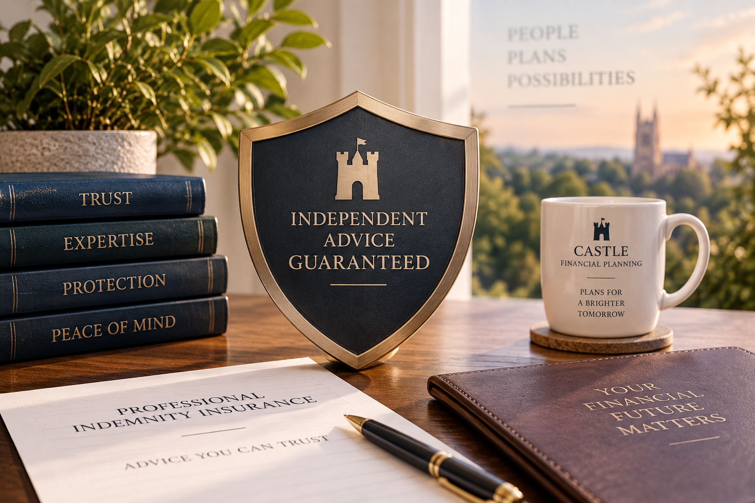 Independent Advice Guaranteed shield beside professional indemnity insurance paperwork
